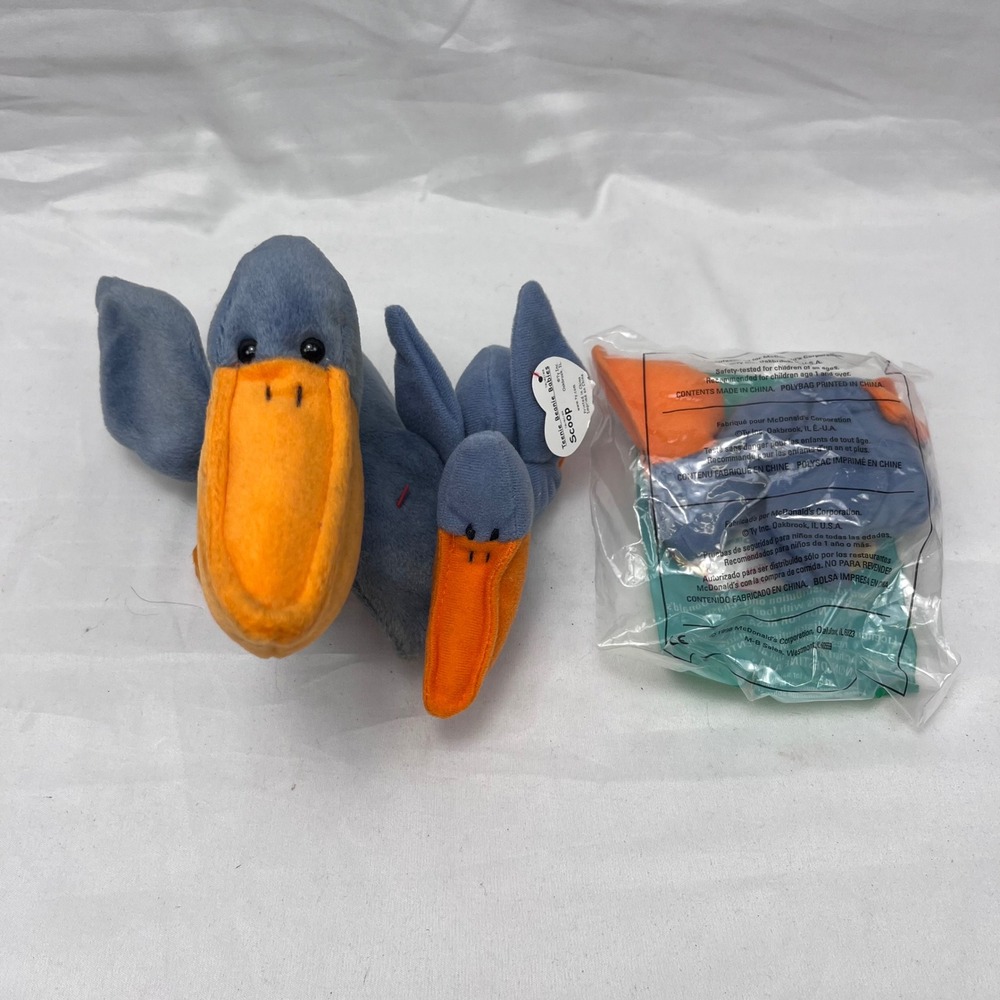 Ty Beanie Babies Scoop Pelican Vintage Plush Toy Set Grey Orange Bird 4107